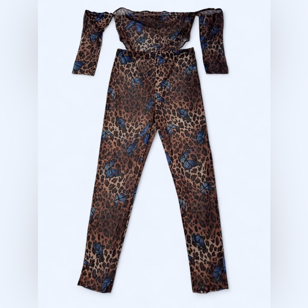 Fashion Nova Butterfly Leopard Off Shoulder Bodysuit Legging Set Brown Size XL